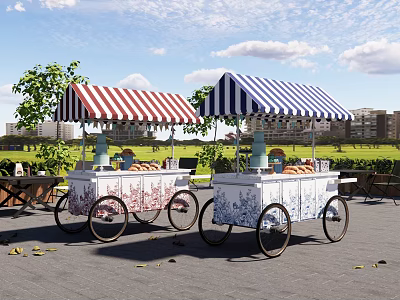 Commercial Outdoor Food Cart Setup With Striped Canopies Tables And Chairs In Grassland Area 3d model