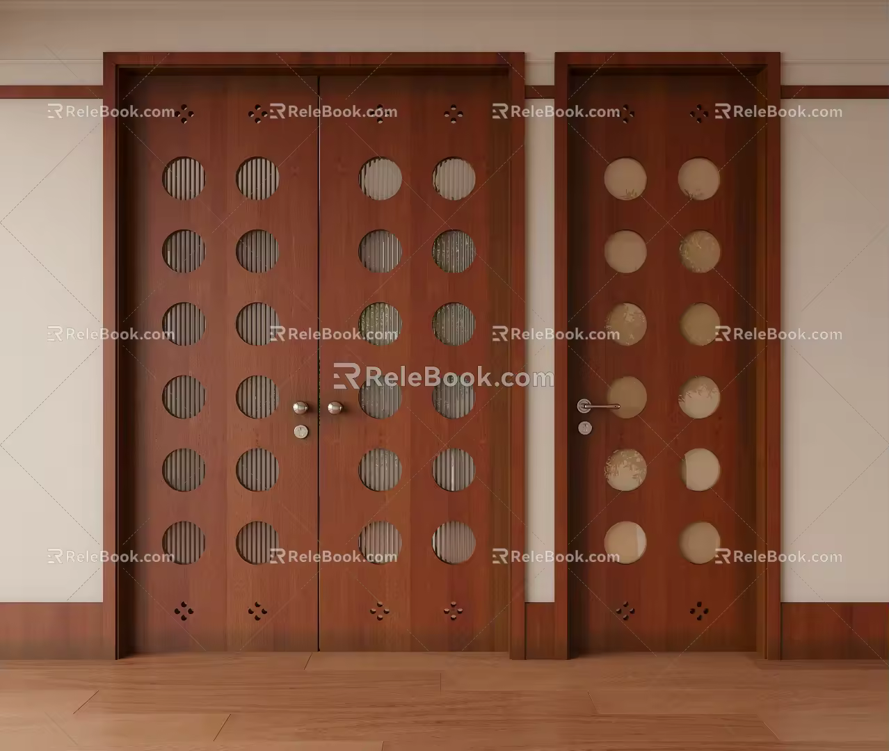 Middle ancient style solid wood glass single open double open door 3d model