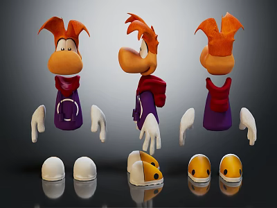 Cartoon Character Design Three Angles With Orange Hair Purple Outfit White Gloves And Different Shoes 3d model