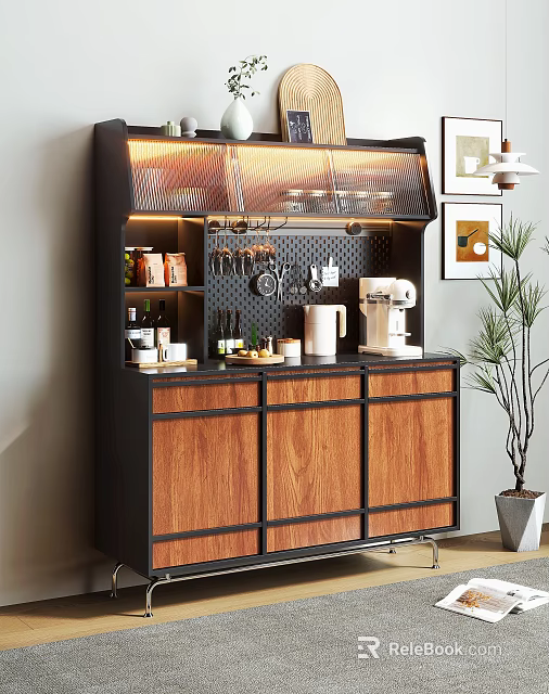 Modern Sideboard With Wooden Doors Black Metal Frame Display Cabinet And Coffee Machine 3d model 