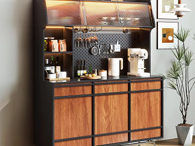 Modern Sideboard With Wooden Doors Black Metal Frame Display Cabinet And Coffee Machine 3d model