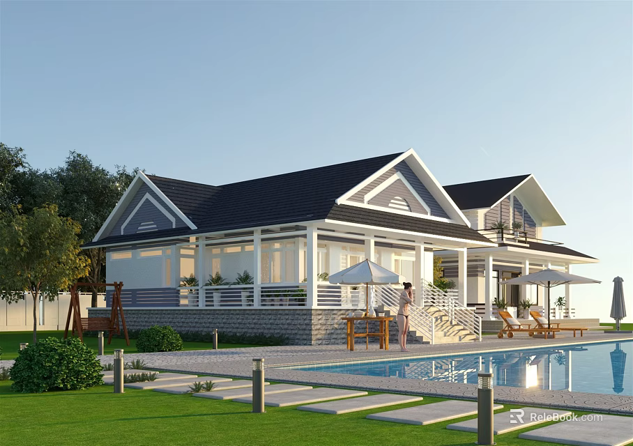 Modern Detached Villa With Swimming Pool Garden Terrace And Lush Greenery 3d model 