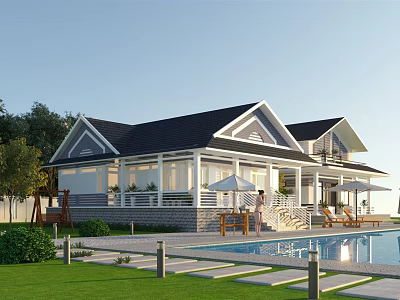 Modern Detached Villa With Swimming Pool Garden Terrace And Lush Greenery 3d model