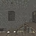 Cartoon Scene Interior With Wooden Structures Stone Walls Two Levels Stone Floor Furniture And Tools
