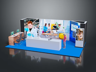 Exhibition Booth Interior With Blue Carpet White Reception Desk And Large Screen Showing People Interacting 3d model