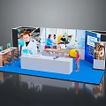 Exhibition Booth Interior With Blue Carpet White Reception Desk And Large Screen Showing People Interacting