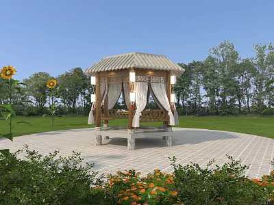Traditional Outdoor Pavilion With Tiled Roof Curtains Sunflowers Trees And Green Grass 3d model