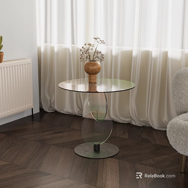 Modern Round Side Table with Glass Top Transparent Base and Dried Flower Vase 3d model 