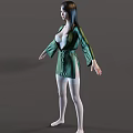 Woman in Green Silk Robe with White Lingerie Standing Barefoot on Gray Background