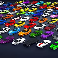 Colorful Small Cars In Various Colors Neatly Arranged On Dark Background