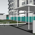 Modern Residential Entrance Gate With High Rise Buildings Greenery And Steps