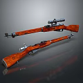 Two Bolt Action Rifles with Wooden Stock One with Sniper Scope Display on Reflective Surface