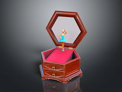 Elegant Decorative Ornament Set with Hexagonal Wooden Jewelry Box Red Lining and Ballerina Figurine 3d model