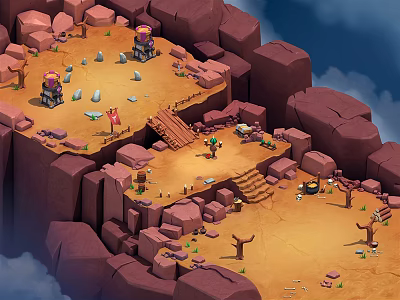 Cartoon Adventure Scene With Rocky Terrain Sandy Ground Characters Wooden Steps And Floating Clouds 3d model