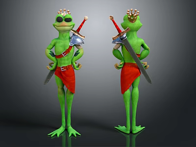 Frog Character Design With Crown Sword Shield Red Skirt And Two Angles 3d model