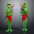 Frog Character Design With Crown Sword Shield Red Skirt And Two Angles 3d model