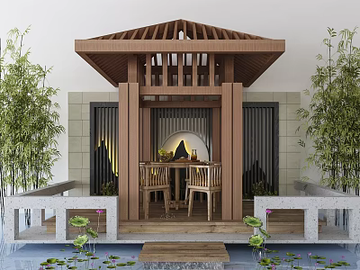 Traditional Chinese Style Pavilion with Wooden Latticed Roof Bamboo Plants and Lotus Pond 3d model