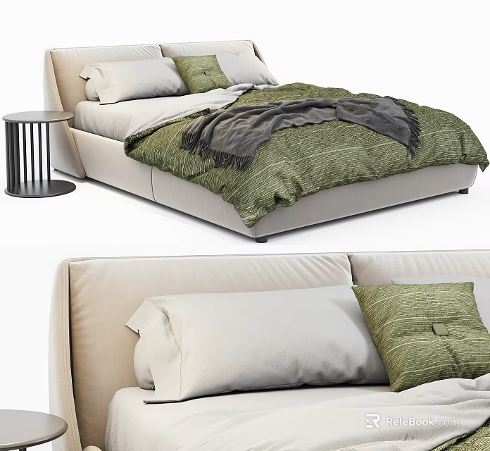 Modern Beige Upholstered Double Bed With Green Pillows And Gray Blanket 3d model