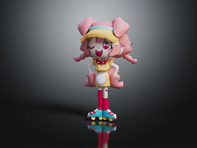 Cute Pink Haired Cartoon Character With Pigtails Wearing Hat Yellow Outfit And Roller Skates 3d model