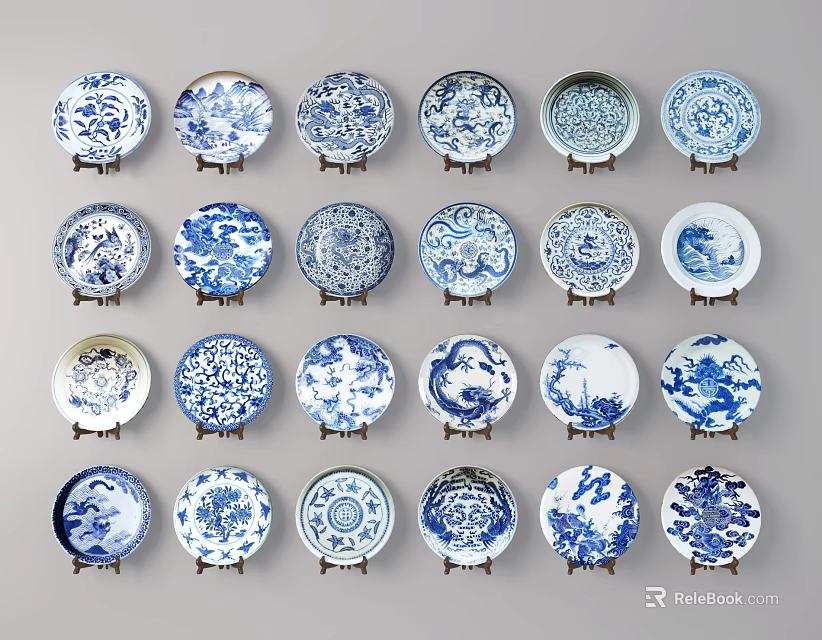 Blue And White Decorative Plates With Various Patterns Displayed On Stands 3d model