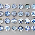 Blue And White Decorative Plates With Various Patterns Displayed On Stands 3d model