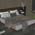 Modern Bedroom Interior With Wooden Headboard Bedside Lamps Pillows Blanket Rug And Green Plants