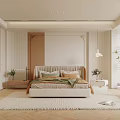 Modern Minimalist Bedroom Interior With Upholstered Bed Headboard Cushions Nightstand Plants And Area Rug