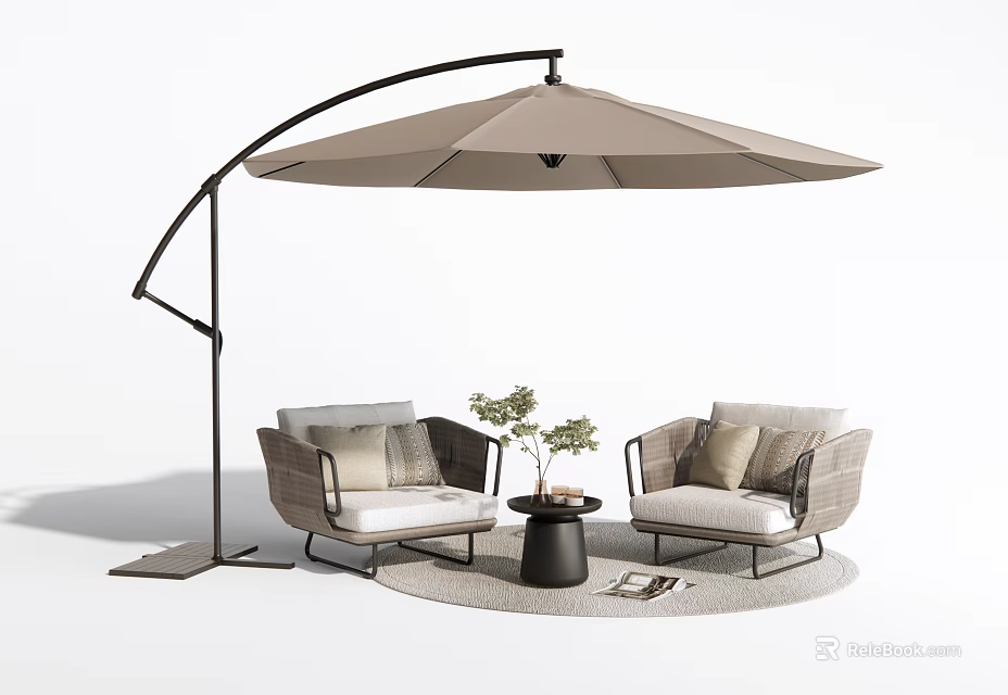 Stylish Woven Outdoor Lounge Chairs With Curved Umbrella Side Table Plant And Round Rug 3d model 
