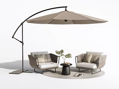 Stylish Woven Outdoor Lounge Chairs With Curved Umbrella Side Table Plant And Round Rug 3d model