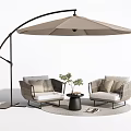 Stylish Woven Outdoor Lounge Chairs With Curved Umbrella Side Table Plant And Round Rug