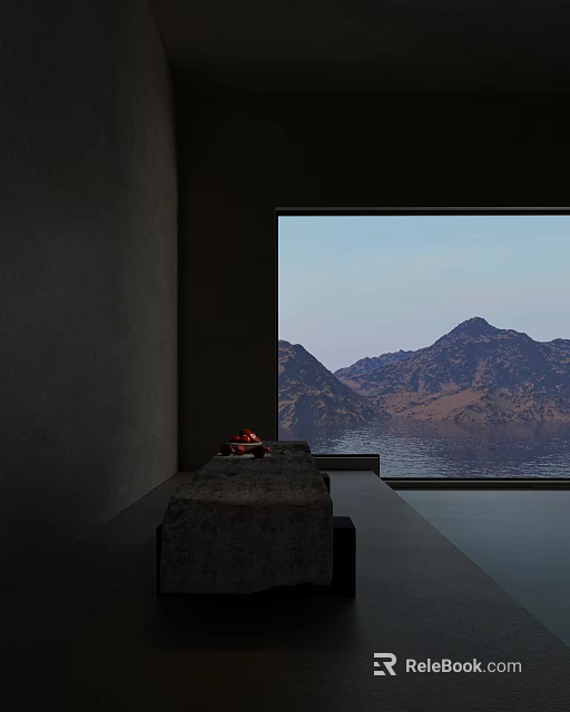 Serene Interior Space With Gray Walls Large Window Red Decor And Mountain Water View 3d model 