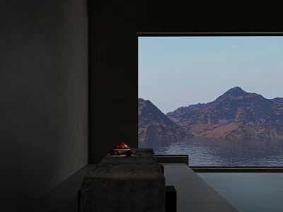 Serene Interior Space With Gray Walls Large Window Red Decor And Mountain Water View 3d model