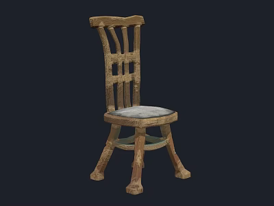 Vintage Wooden Single Chair With Slatted Backrest Padded Seat And Curved Legs 3d model