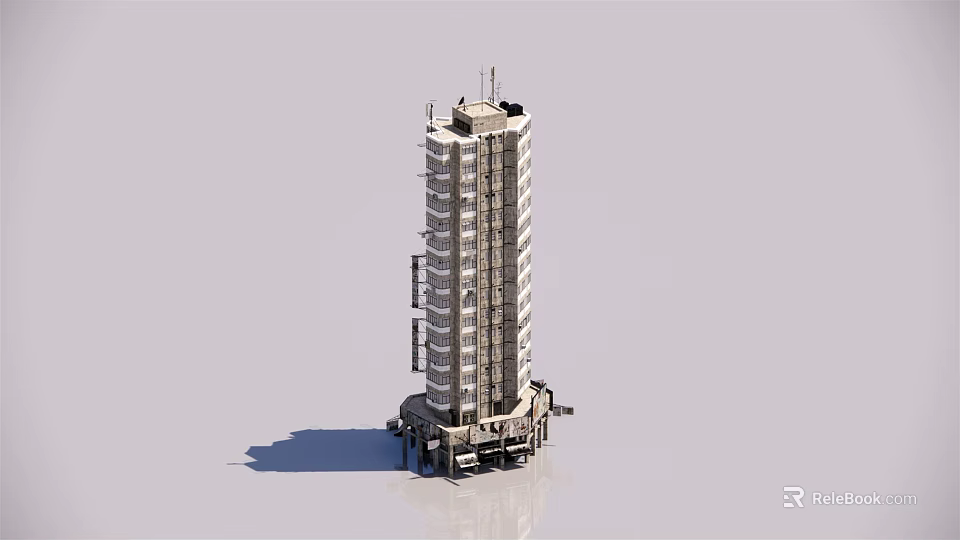 Tall Modern Building Structure With Multiple Floors Window Design And Top Antenna 3d model 