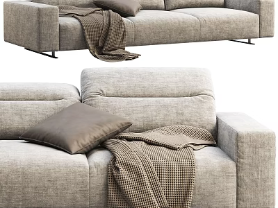 Modern Gray Fabric Three Seater Sofa With Brown Pillow And Checkered Blanket 3d model