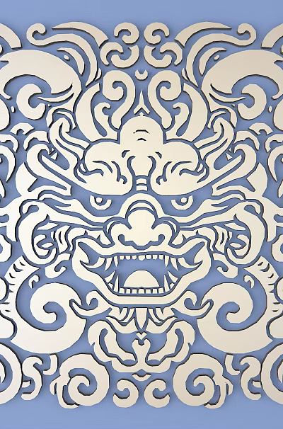 Intricate Traditional Dragon Carving With Lace Like Pattern On Blue Background 3d model