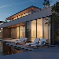 Modern Detached Villa With Swimming Pool Sun Loungers Glass Walls And Evening View