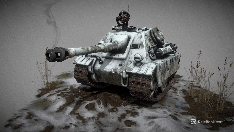 Military Tank With Cannon On Snow Covered Muddy Ground And Dry Grass 3d model 