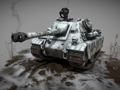 Military Tank With Cannon On Snow Covered Muddy Ground And Dry Grass 3d model
