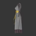 Purple Patterned Long Sleeve Dress With Yellow Belt And Tassels