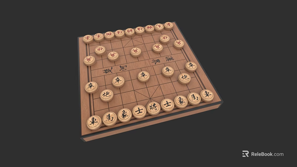 Traditional Chinese Chess Board Game with Wooden Pieces and Character Markings on Dark Surface 3d model 
