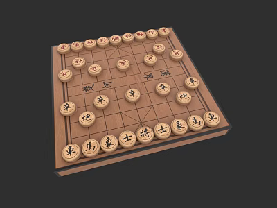 Traditional Chinese Chess Board Game with Wooden Pieces and Character Markings on Dark Surface 3d model