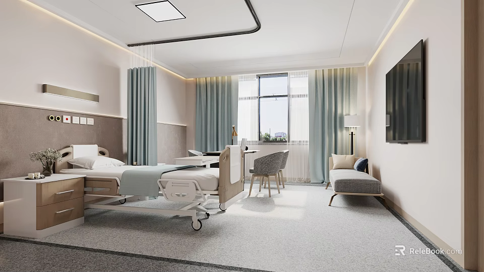Modern Hospital Ward Interior With Bed TV Sofa Window And Curtains 3d model 