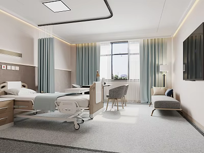 Modern Hospital Ward Interior With Bed TV Sofa Window And Curtains 3d model
