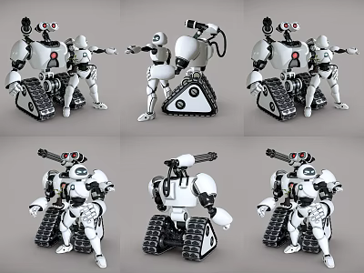 Smart Robots Design With Tracked Base Mechanical Arms And Multiple Angles View 3d model