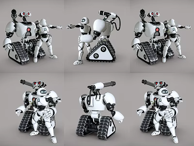 Smart Robots Design With Tracked Base Mechanical Arms And Multiple Angles View 3d model