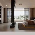 Modern Bedroom Interior Design With Stylish Headboard Warm Lighting Soft Rug And Striped Wall Decor