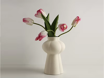 Textured White Vase With Pink And White Tulips For Modern Home Decor 3d model