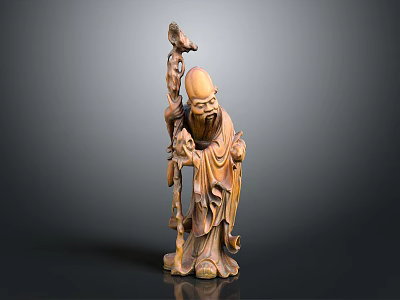 Traditional Hand Carved Wooden Sculpture of Classical Elderly Figure with Staff and Robe 3d model