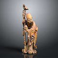 Traditional Hand Carved Wooden Sculpture of Classical Elderly Figure with Staff and Robe